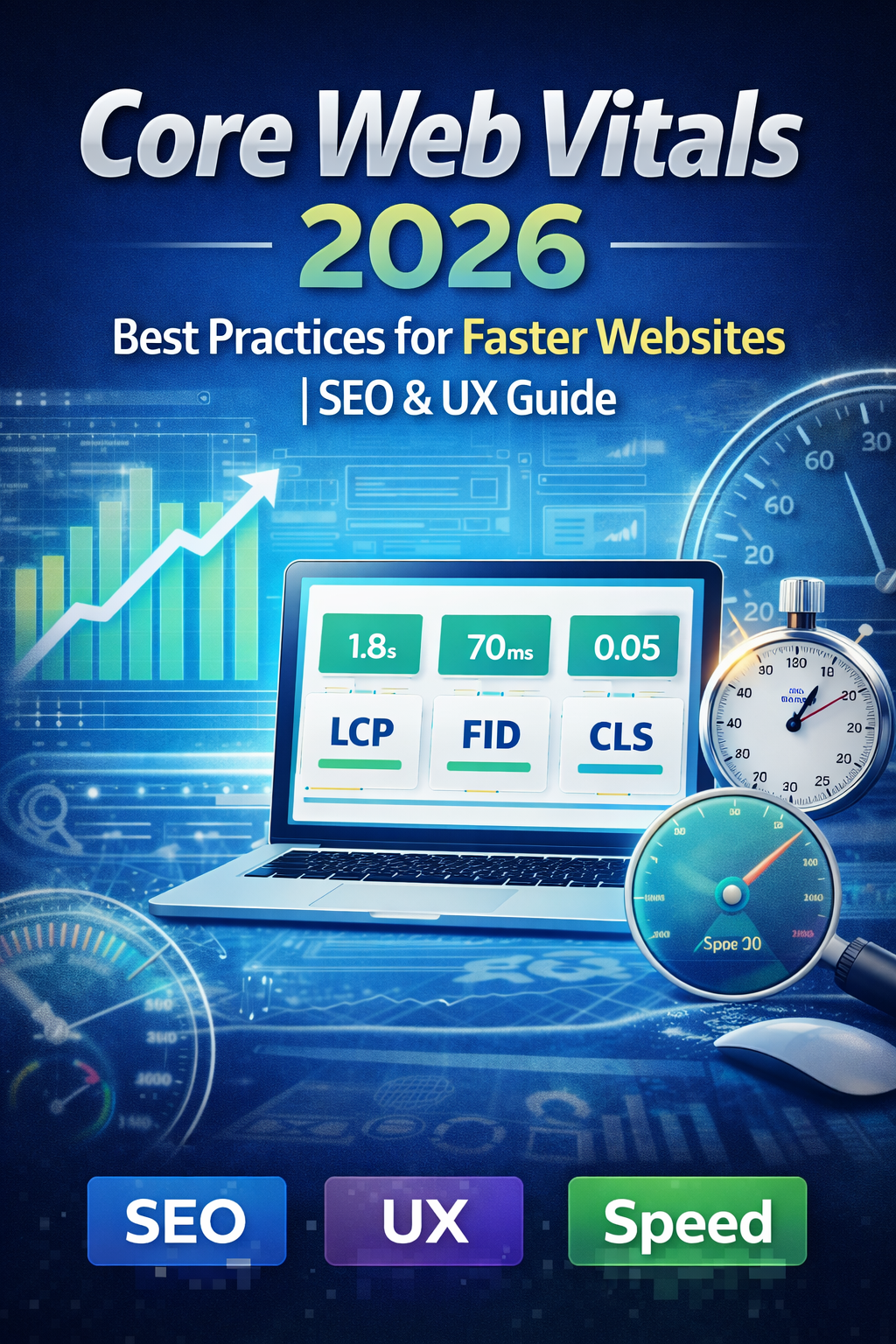 Core Web Vitals 2026 dashboard showing LCP, FID, and CLS metrics with SEO and UX performance indicators for faster websites