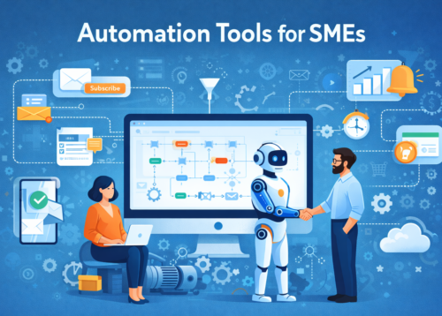 Automation Tools for SMEs dashboard with CRM, analytics, email marketing and workflow automation interface
