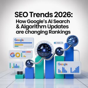 SEO Trends 2026 infographic showing Google AI search impact with analytics charts and ranking growth visuals