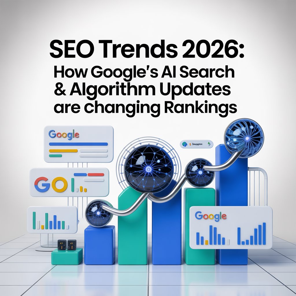 SEO Trends 2026 infographic showing Google AI search impact with analytics charts and ranking growth visuals