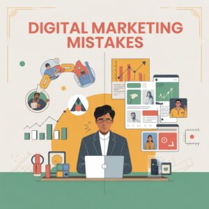 Digital Marketing Mistakes illustration showing a professional analyzing data, SEO, social media, and performance issues on a laptop