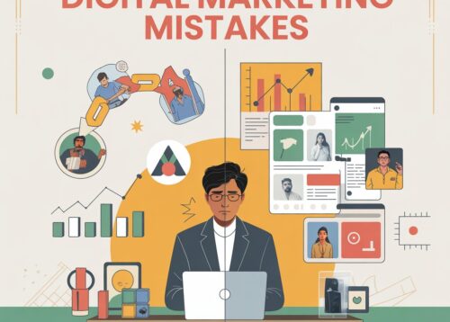 Digital Marketing Mistakes illustration showing a professional analyzing data, SEO, social media, and performance issues on a laptop