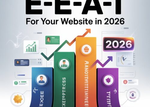 E-E-A-T infographic for website SEO in 2026 showing Experience, Expertise, Authoritativeness, and Trust with growth charts.