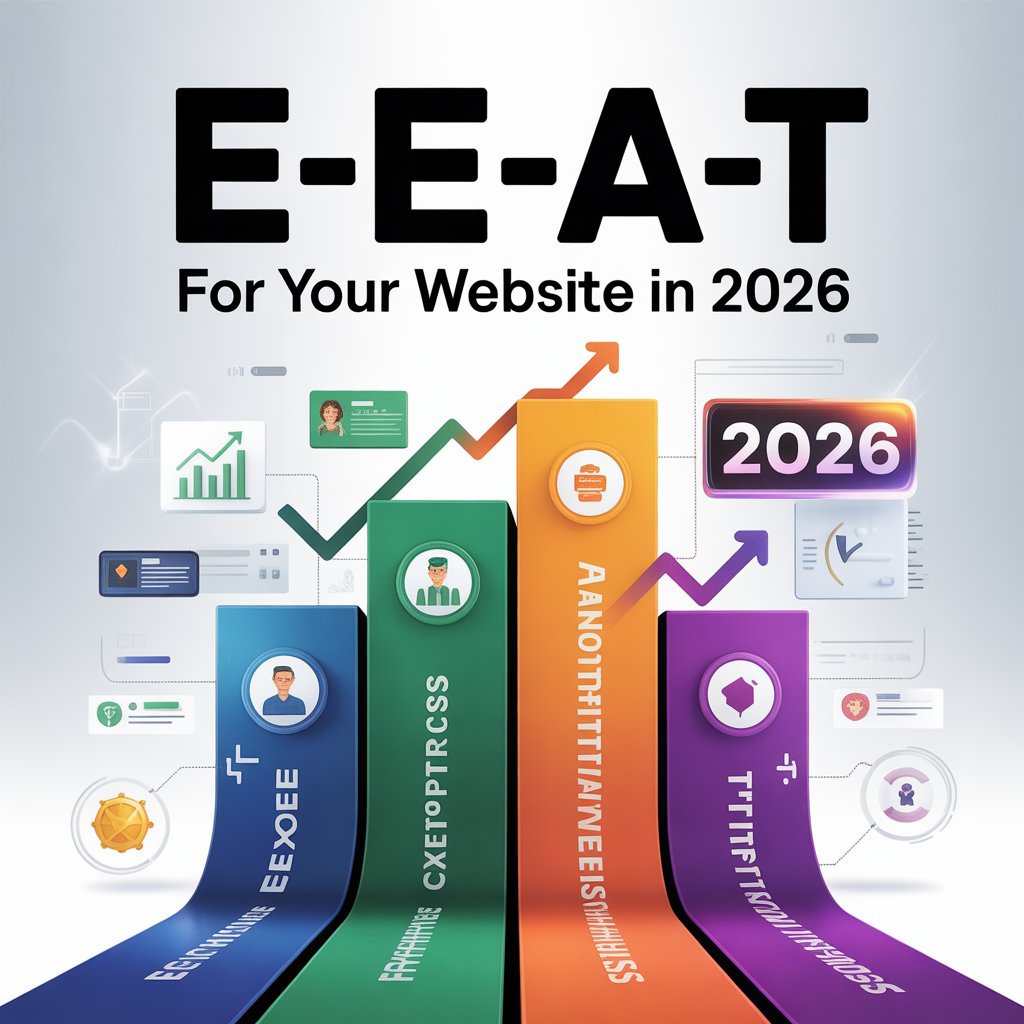 E-E-A-T infographic for website SEO in 2026 showing Experience, Expertise, Authoritativeness, and Trust with growth charts.