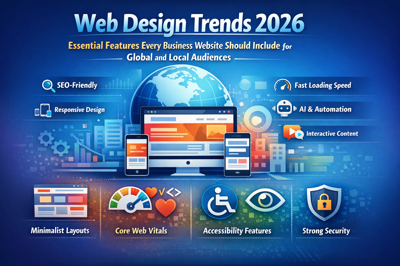 Web Design Trends 2026 infographic showing SEO-friendly design, responsive layout, fast loading speed, AI automation, Core Web Vitals, accessibility, and website security.