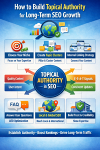 Infographic explaining how to build topical authority in SEO, including steps like choosing your niche, creating topic clusters, internal linking, focusing on quality content, user intent, E-E-A-T signals, consistent updates, answering FAQs, using local and global SEO, and building trust and credibility.
