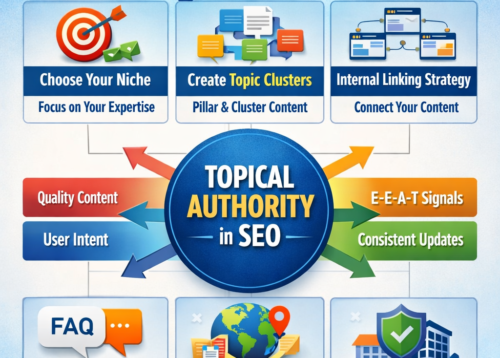 Infographic explaining how to build topical authority in SEO, including steps like choosing your niche, creating topic clusters, internal linking, focusing on quality content, user intent, E-E-A-T signals, consistent updates, answering FAQs, using local and global SEO, and building trust and credibility.