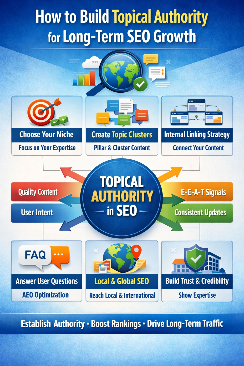 Infographic explaining how to build topical authority in SEO, including steps like choosing your niche, creating topic clusters, internal linking, focusing on quality content, user intent, E-E-A-T signals, consistent updates, answering FAQs, using local and global SEO, and building trust and credibility.