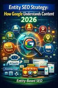 Entity SEO Strategy How Google Understands Content 2026 infographic showing knowledge graph, AI search, and entity-based SEO connections.