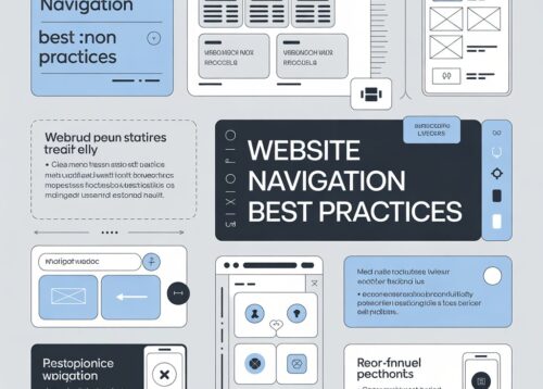 Website navigation best practices illustration showing UI layouts, mobile-friendly menus, and user interface design concepts