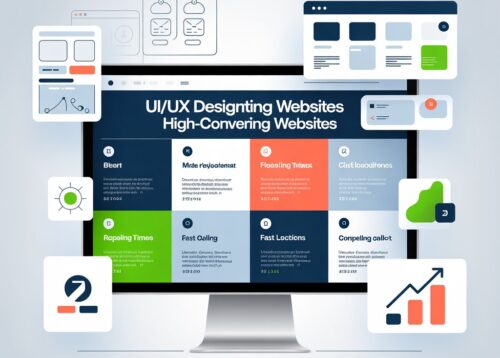 Modern UI/UX design illustration showing a computer screen with website layouts, wireframes, icons, and analytics graphics representing high-converting website design.