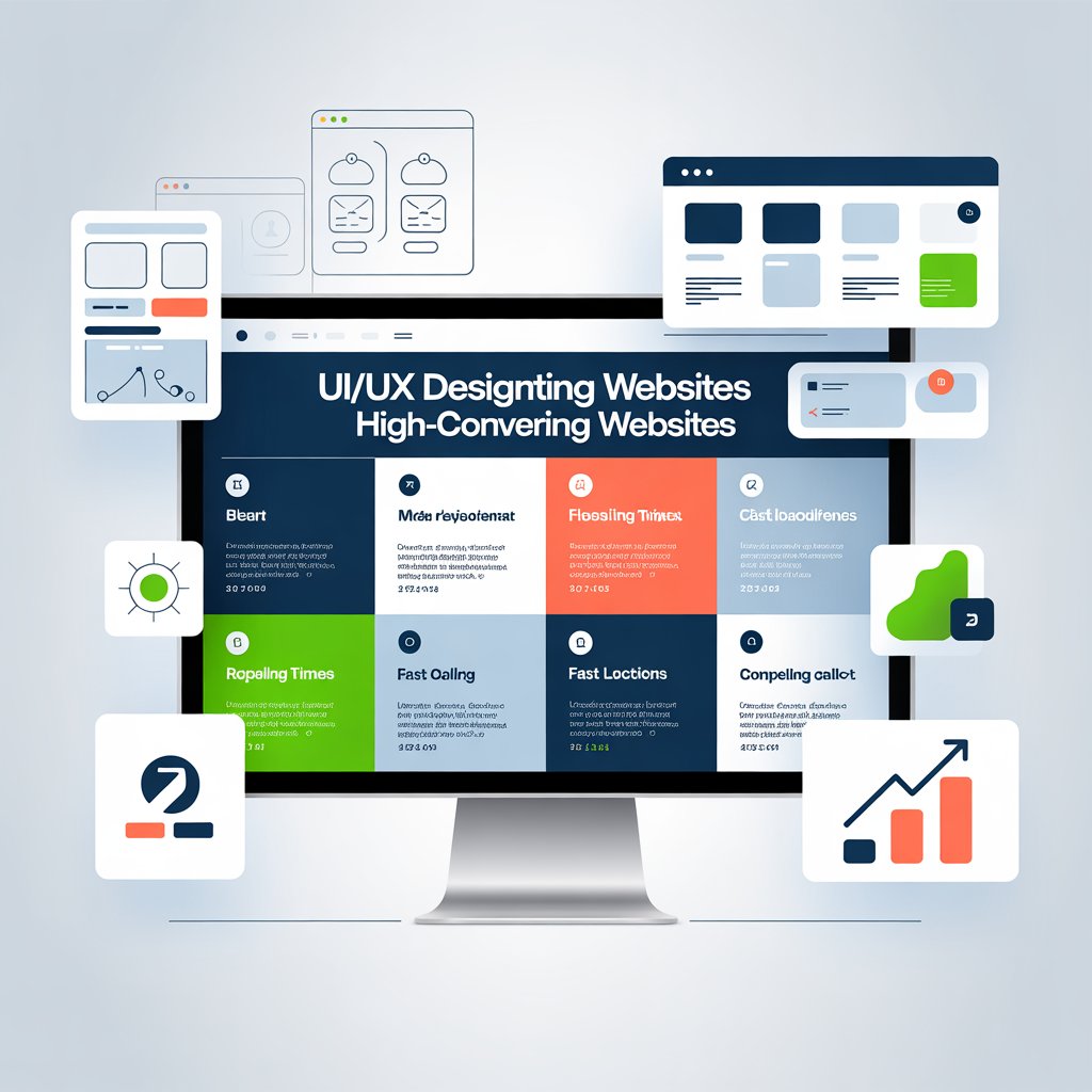 Modern UI/UX design illustration showing a computer screen with website layouts, wireframes, icons, and analytics graphics representing high-converting website design.