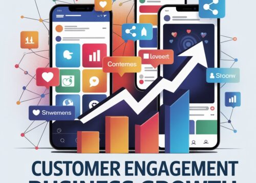 "Digital illustration of social media marketing tools boosting customer engagement for businesses with icons, charts, and online interaction elements."