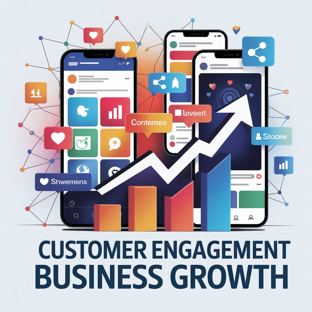 "Digital illustration of social media marketing tools boosting customer engagement for businesses with icons, charts, and online interaction elements."
