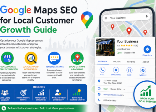 Digital marketing infographic showing Google Maps SEO strategies for local customer growth with map pins, business listings, and search ranking visuals.