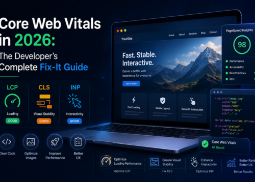 Modern Core Web Vitals 2026 illustration showing LCP, CLS, and INP website performance optimization with developer dashboard and PageSpeed Insights metrics.