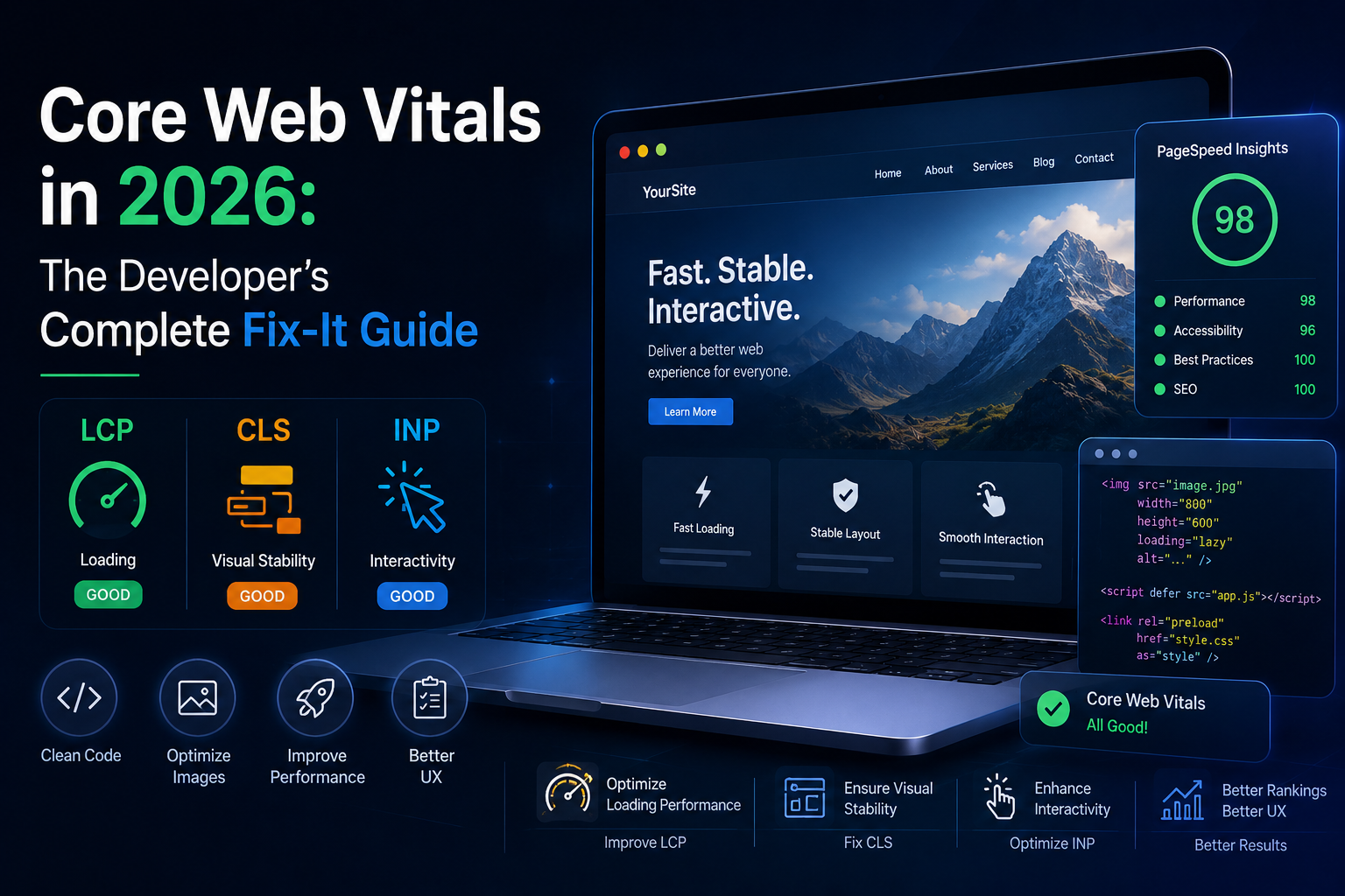 Modern Core Web Vitals 2026 illustration showing LCP, CLS, and INP website performance optimization with developer dashboard and PageSpeed Insights metrics.