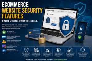 Ecommerce website security features protecting online businesses with secure payment systems and cybersecurity technology