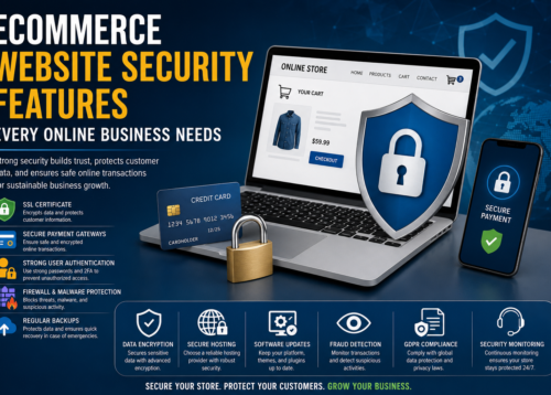Ecommerce website security features protecting online businesses with secure payment systems and cybersecurity technology
