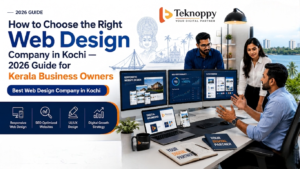 Modern 2026 web design guide banner featuring a professional Kerala web design agency workspace with responsive website layouts, SEO dashboards, UI/UX design screens, and business strategy discussion in a clean futuristic office environment.
