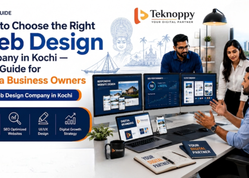 Modern 2026 web design guide banner featuring a professional Kerala web design agency workspace with responsive website layouts, SEO dashboards, UI/UX design screens, and business strategy discussion in a clean futuristic office environment.