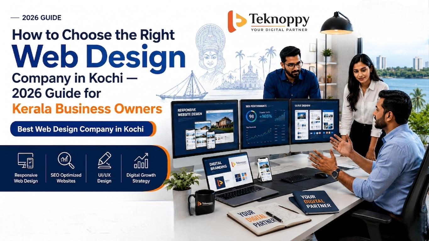 Modern 2026 web design guide banner featuring a professional Kerala web design agency workspace with responsive website layouts, SEO dashboards, UI/UX design screens, and business strategy discussion in a clean futuristic office environment.