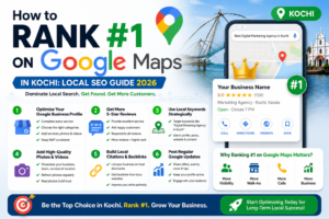 Google Maps Local SEO Guide 2026 for Kochi businesses featuring a smartphone map interface, Google Maps pin, Kochi landmarks, and simple local SEO growth elements in a clean blue, green, and white design.