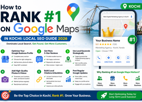 Google Maps Local SEO Guide 2026 for Kochi businesses featuring a smartphone map interface, Google Maps pin, Kochi landmarks, and simple local SEO growth elements in a clean blue, green, and white design.