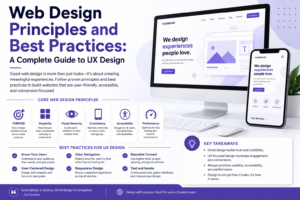 Modern web design and UX design concept featuring responsive website layouts on desktop and mobile devices with a focus on usability, accessibility, and user experience best practices.