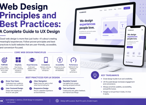 Modern web design and UX design concept featuring responsive website layouts on desktop and mobile devices with a focus on usability, accessibility, and user experience best practices.