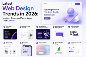 Modern 2026 web design trends featuring mobile-first layouts, AI-powered UX, bold typography, and conversion-focused website design.