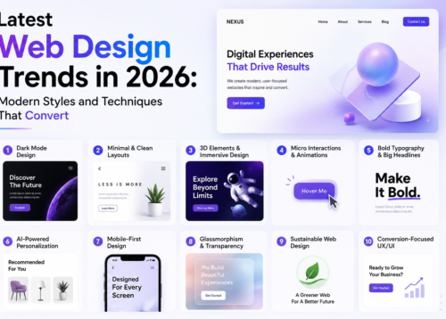 Modern 2026 web design trends featuring mobile-first layouts, AI-powered UX, bold typography, and conversion-focused website design.