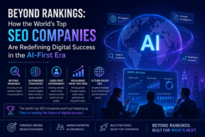 Futuristic AI-powered SEO strategy dashboard showing digital marketers analyzing search performance, AI insights, predictive analytics, and global digital growth in the AI-first era.
