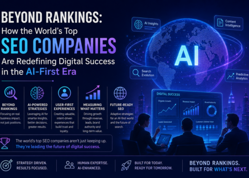 Futuristic AI-powered SEO strategy dashboard showing digital marketers analyzing search performance, AI insights, predictive analytics, and global digital growth in the AI-first era.
