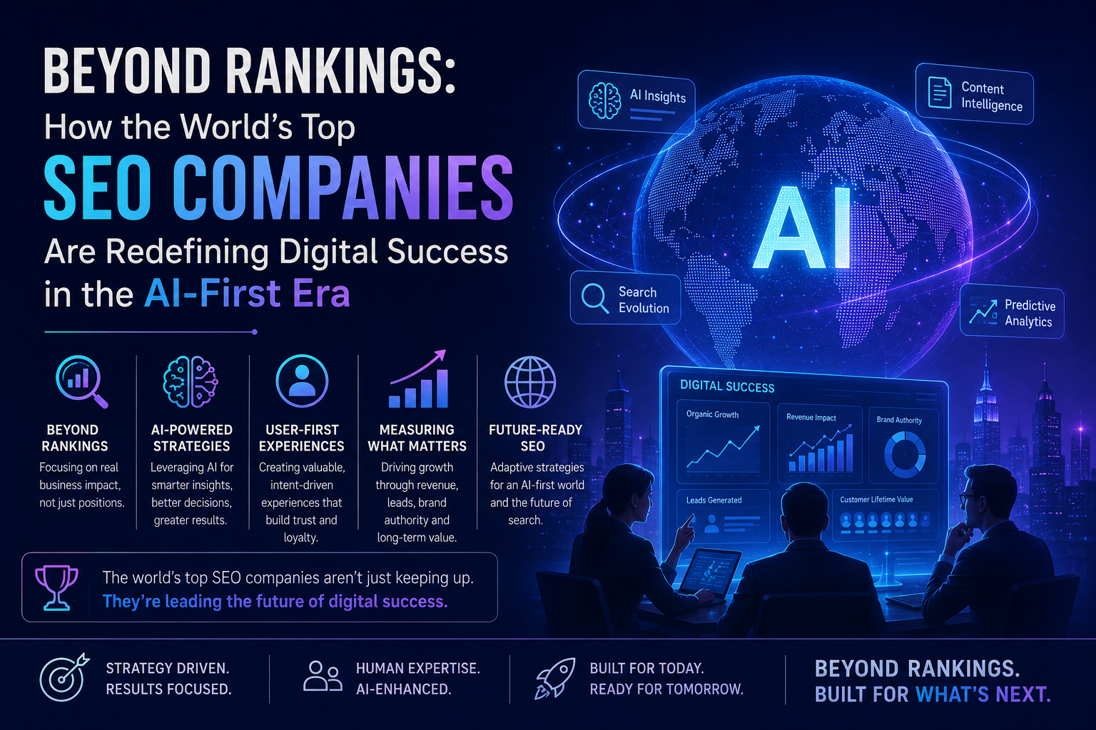 Futuristic AI-powered SEO strategy dashboard showing digital marketers analyzing search performance, AI insights, predictive analytics, and global digital growth in the AI-first era.