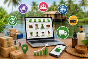 Small business owner in Kerala managing an online store using a laptop and smartphone, showcasing e-commerce growth, digital payments, and product sales.