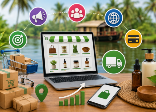 Small business owner in Kerala managing an online store using a laptop and smartphone, showcasing e-commerce growth, digital payments, and product sales.