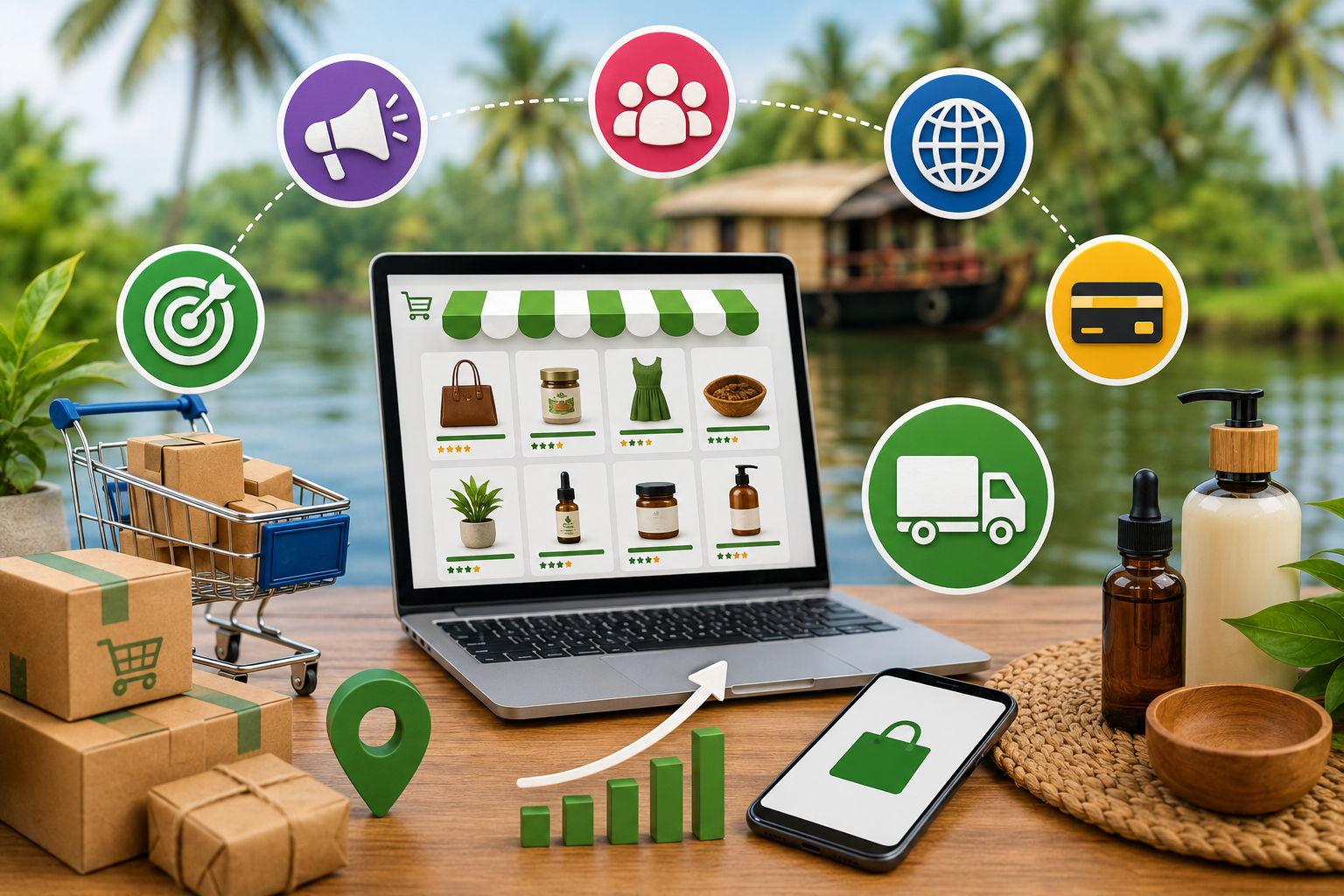 Small business owner in Kerala managing an online store using a laptop and smartphone, showcasing e-commerce growth, digital payments, and product sales.
