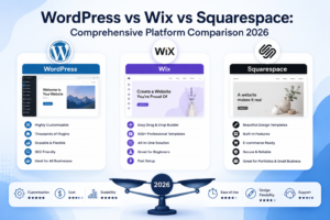 WordPress vs Wix vs Squarespace platform comparison 2026 with modern website builder concept