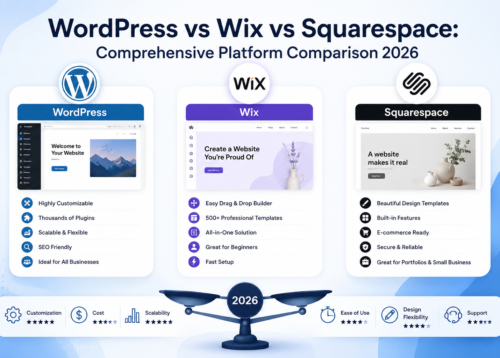 WordPress vs Wix vs Squarespace platform comparison 2026 with modern website builder concept