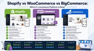 Shopify vs WooCommerce vs BigCommerce comparison with modern e-commerce platform concept