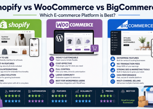Shopify vs WooCommerce vs BigCommerce comparison with modern e-commerce platform concept
