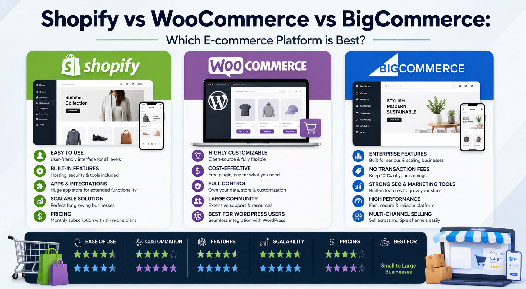 Shopify vs WooCommerce vs BigCommerce comparison with modern e-commerce platform concept